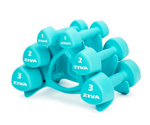 SET ZIVA Chic RPU Mancuernas 12 kg Set (1, 2, 3 kg Pares) con soporte. En turquesa y negro.