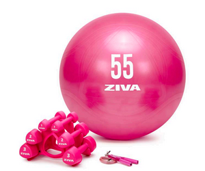 KIT Wellnes ZIVA Chic. En Rosa y Turquesa (Comba velocidad + Fitball 65 cms + Kit mancuernas studio 1,2,3 kgs con soporte)