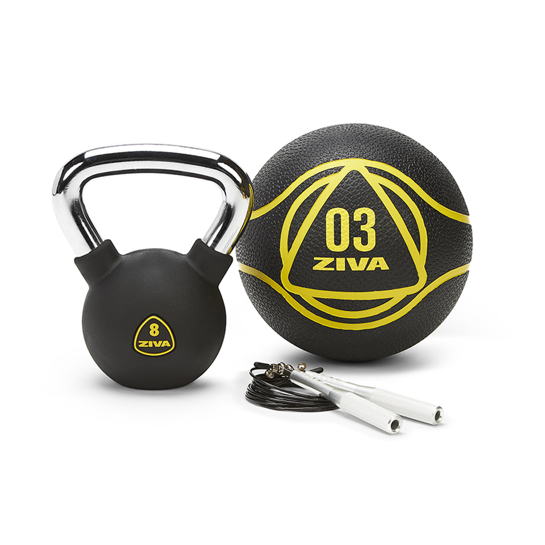 Kit funcional ZIVA
- Pesa rusa de estudio 8kg
- Balón Medicinal 3kg
- Saltar la cuerda de velocidad