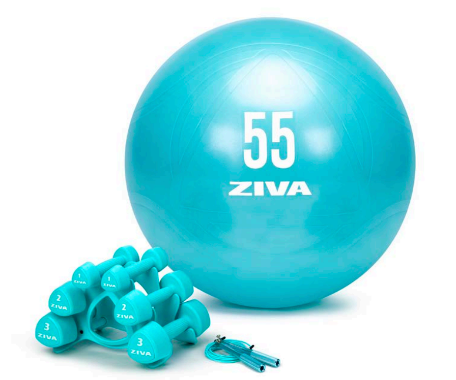 KIT Wellnes ZIVA Chic. En Rosa y Turquesa (Comba velocidad + Fitball 65 cms + Kit mancuernas studio 1,2,3 kgs con soporte)