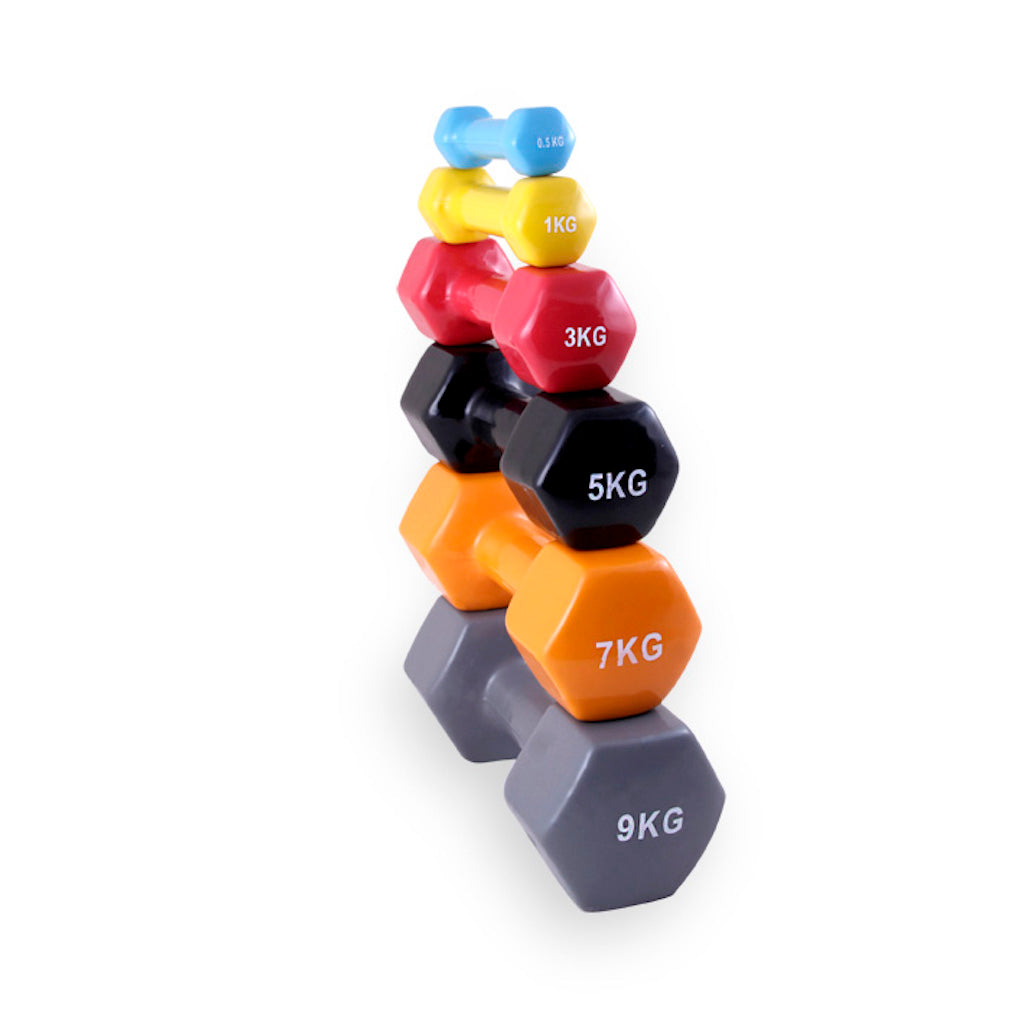 Mancuerna de vinilo hexagonal. De 0,5 Kg a 10 Kg. Unidad desde 1,55 €.