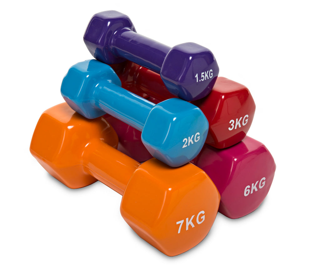 Mancuerna de vinilo hexagonal. De 0,5 Kg a 10 Kg. Unidad desde 1,55 €.